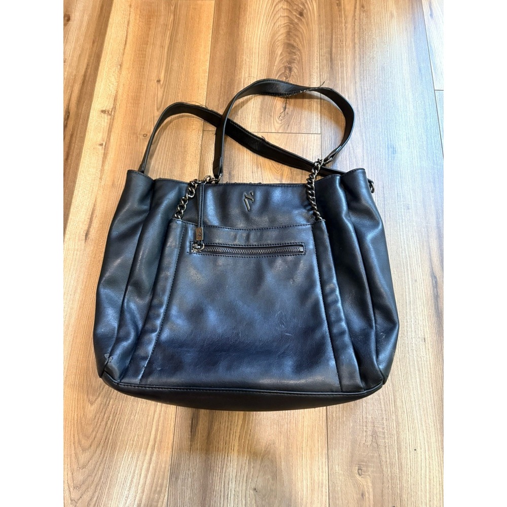 Simply Vera Wang Rockbridge Tote Bag Faux Leather Double Chain Strap Black